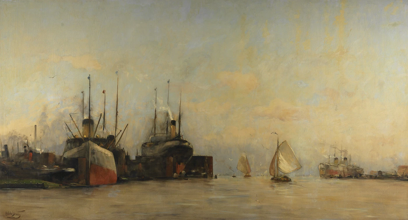 Vista dell'IJ a est, con i moli dell'Amsterdam Dry Dock Company
